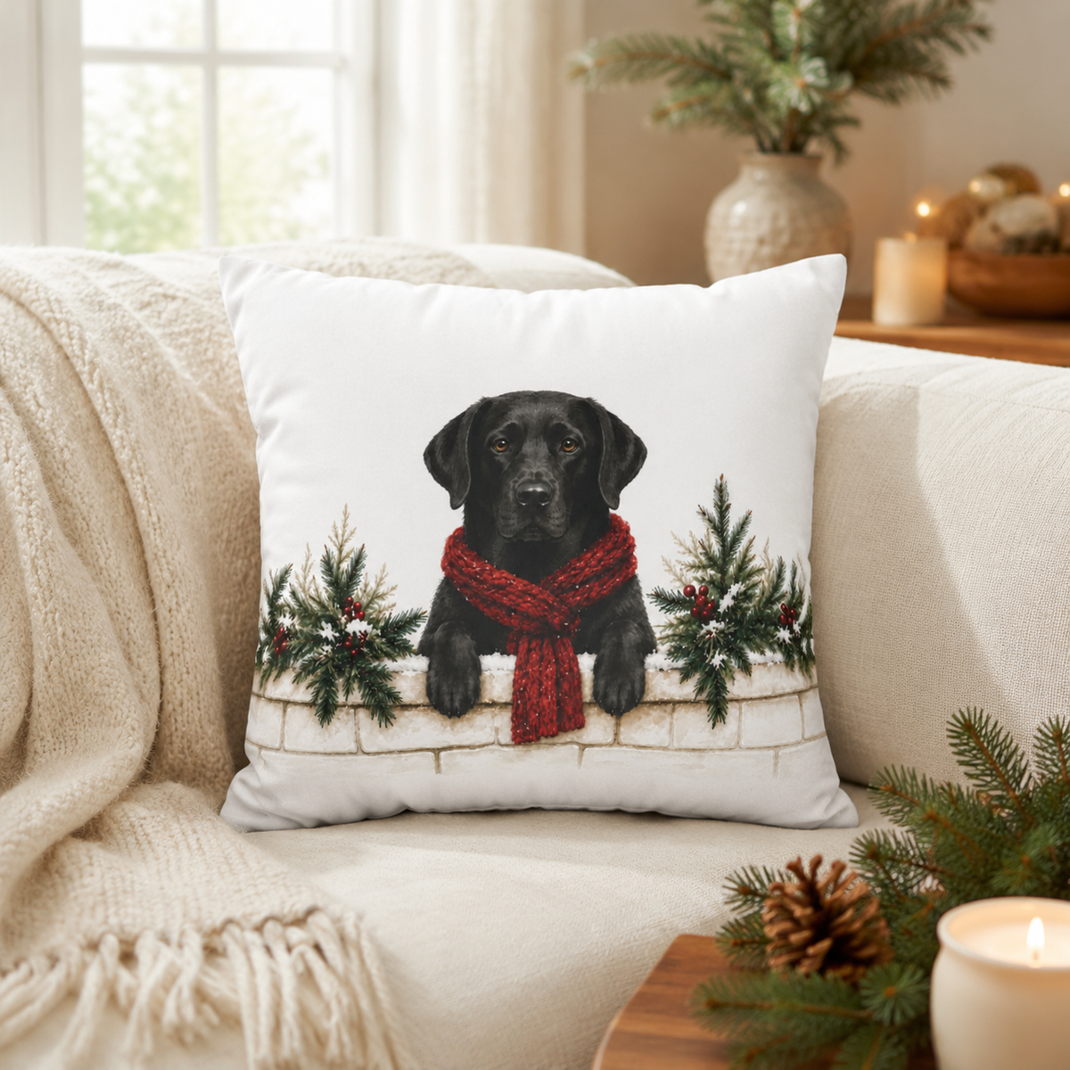 Black Lab Christmas Pillow Cover, Labrador Retriever Holiday Decor, Dog Lover Gift