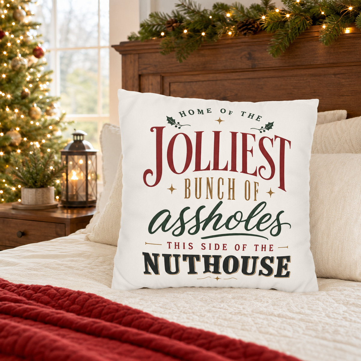 Jolliest Bunch of Assholes Christmas Pillow Cover, Funny Holiday Decor, shown as a decorative holiday faux-suede pillow cover
for Christmas living room, bedroom, sofa or chair styling.
