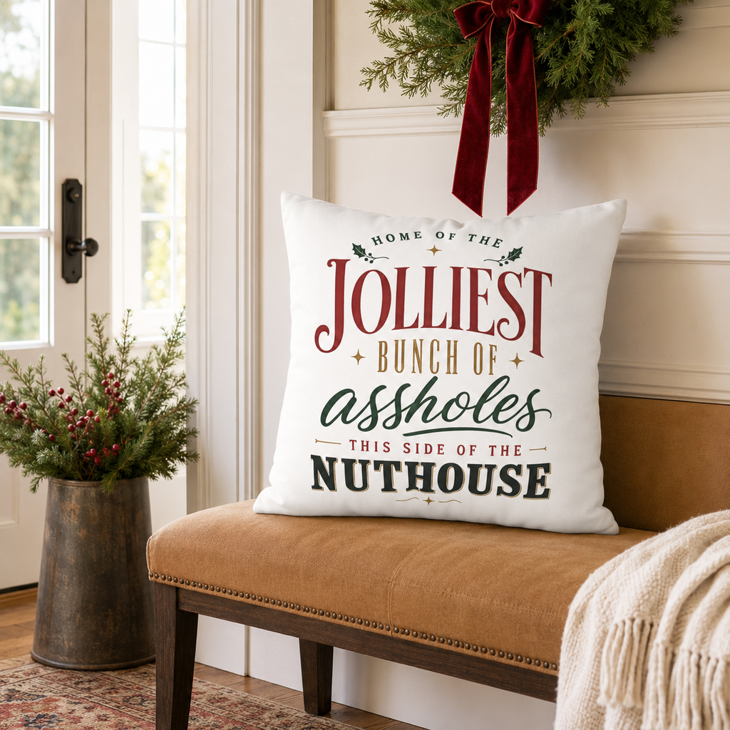 Jolliest Bunch of Assholes Christmas Pillow Cover, Funny Holiday Decor, shown as a decorative holiday faux-suede pillow cover
for Christmas living room, bedroom, sofa or chair styling.
