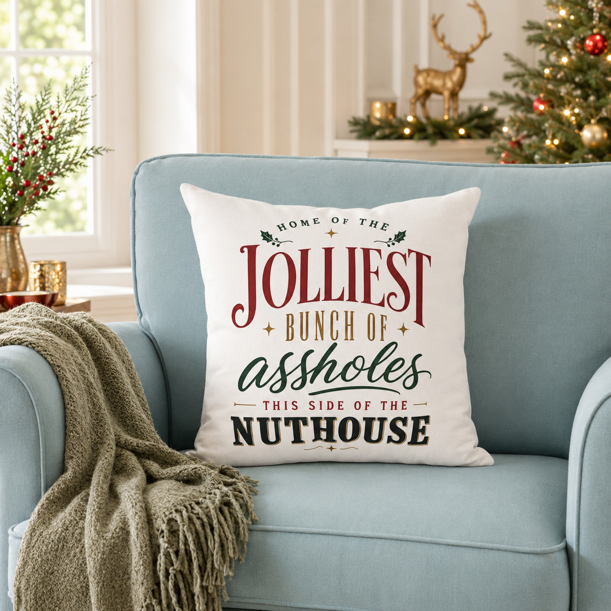 Jolliest Bunch of Assholes Christmas Pillow Cover, Funny Holiday Decor, shown as a decorative holiday faux-suede pillow cover
for Christmas living room, bedroom, sofa or chair styling.

