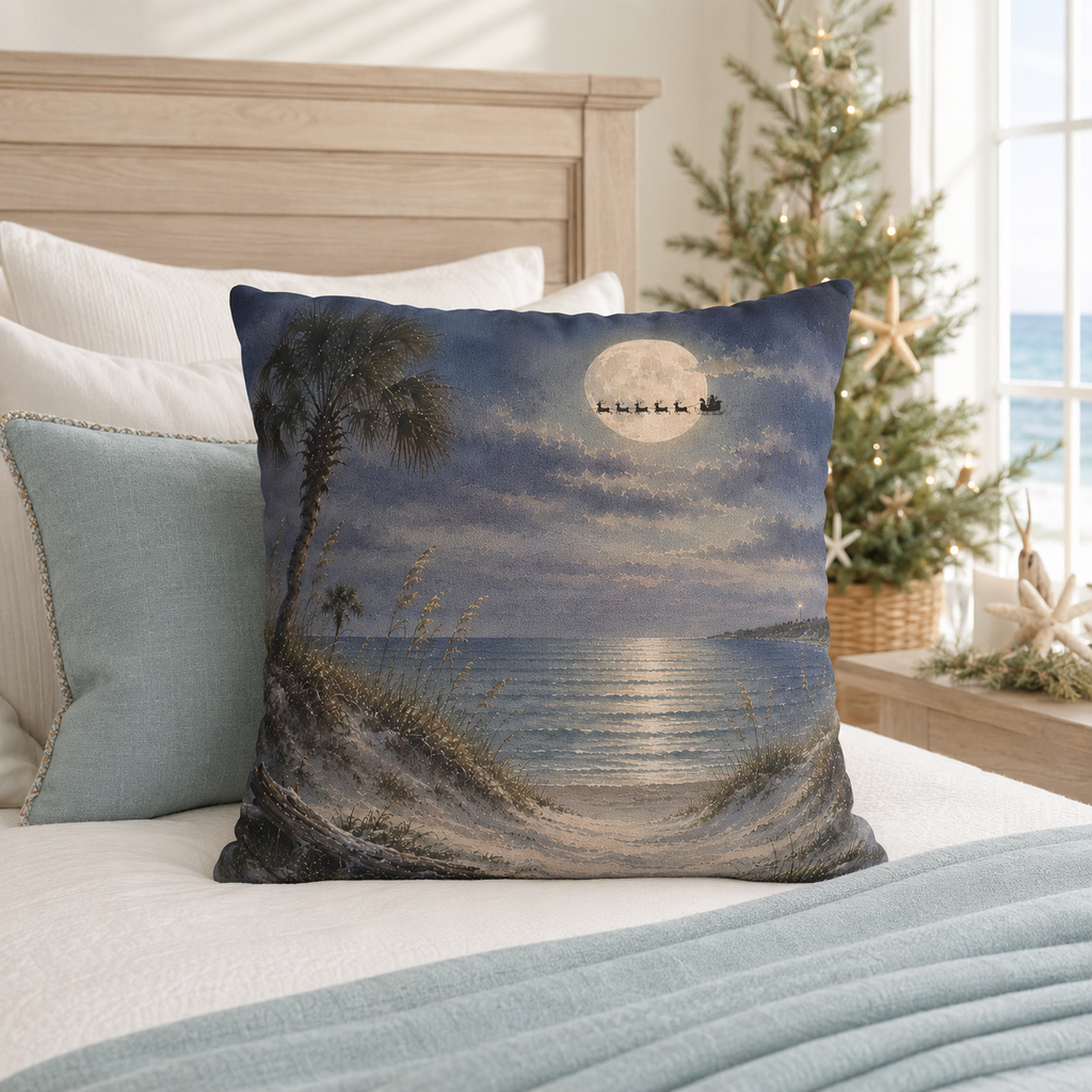 Moonlit Beach Santa Christmas Pillow Cover, Coastal Holiday Decor, shown as a decorative holiday faux-suede pillow cover for
Christmas living room, bedroom, sofa or chair styling.