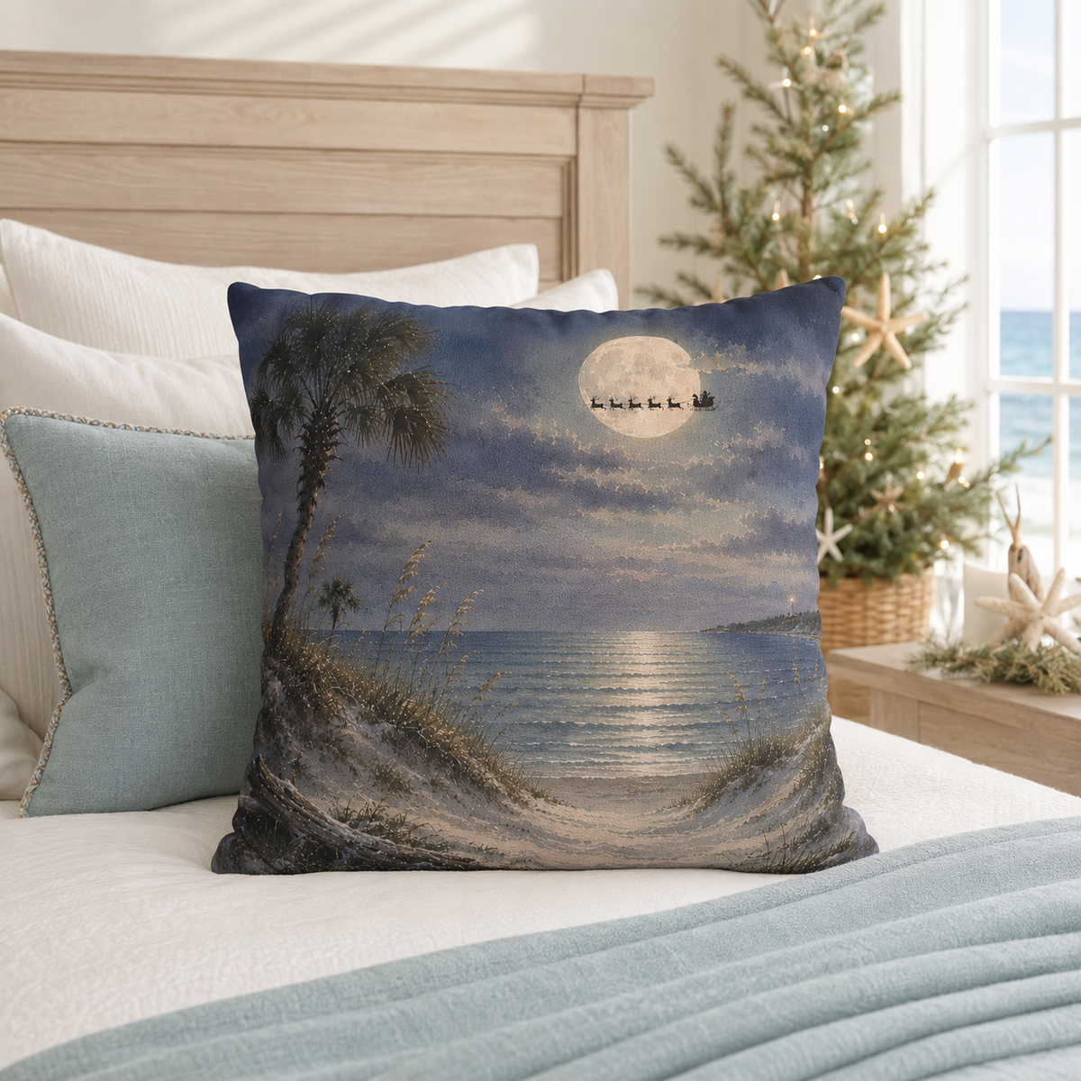 Moonlit Beach Santa Christmas Pillow Cover, Coastal Holiday Decor, shown as a decorative holiday faux-suede pillow cover for
Christmas living room, bedroom, sofa or chair styling.