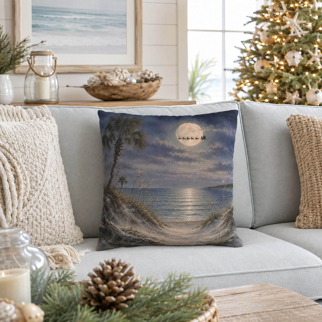 Moonlit Beach Santa Christmas Pillow Cover, Coastal Holiday Decor, shown as a decorative holiday faux-suede pillow cover for
Christmas living room, bedroom, sofa or chair styling.