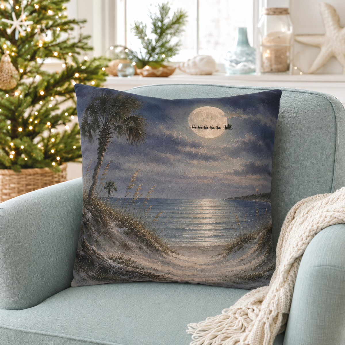 Moonlit Beach Santa Christmas Pillow Cover, Coastal Holiday Decor, shown as a decorative holiday faux-suede pillow cover for
Christmas living room, bedroom, sofa or chair styling.