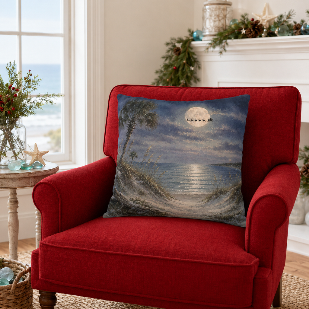 Moonlit Beach Santa Christmas Pillow Cover, Coastal Holiday Decor, shown as a decorative holiday faux-suede pillow cover for
Christmas living room, bedroom, sofa or chair styling.