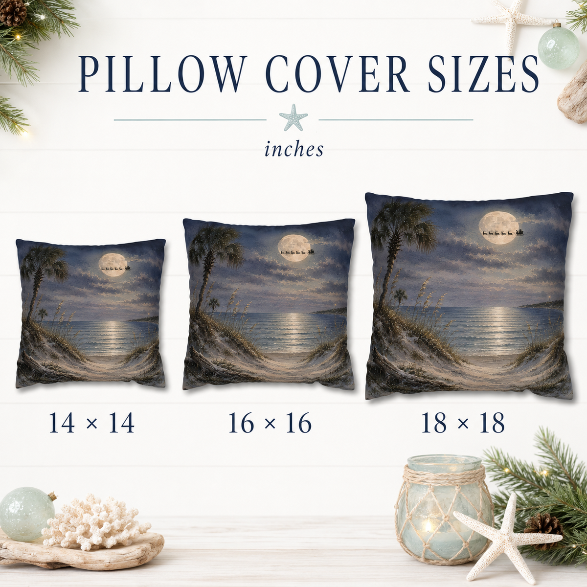 Moonlit Beach Santa Christmas Pillow Cover, Coastal Holiday Decor, shown as a decorative holiday faux-suede pillow cover for
Christmas living room, bedroom, sofa or chair styling.