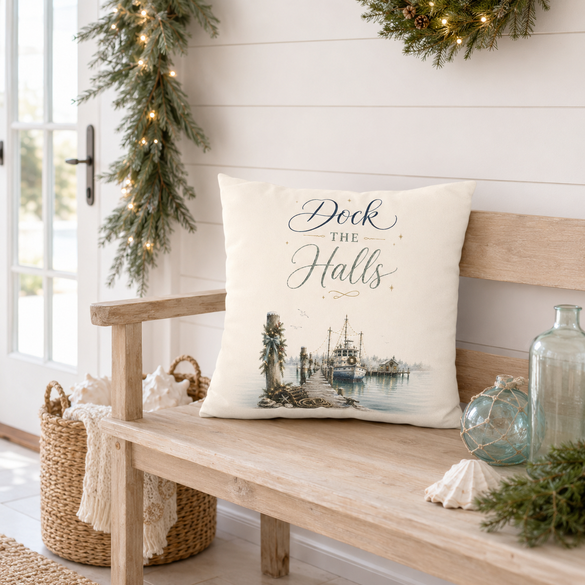Dock the Halls Christmas Pillow Cover, Coastal Nautical Holiday Decor, shown as a decorative holiday faux-suede pillow cover for
Christmas living room, bedroom, sofa or chair styling.