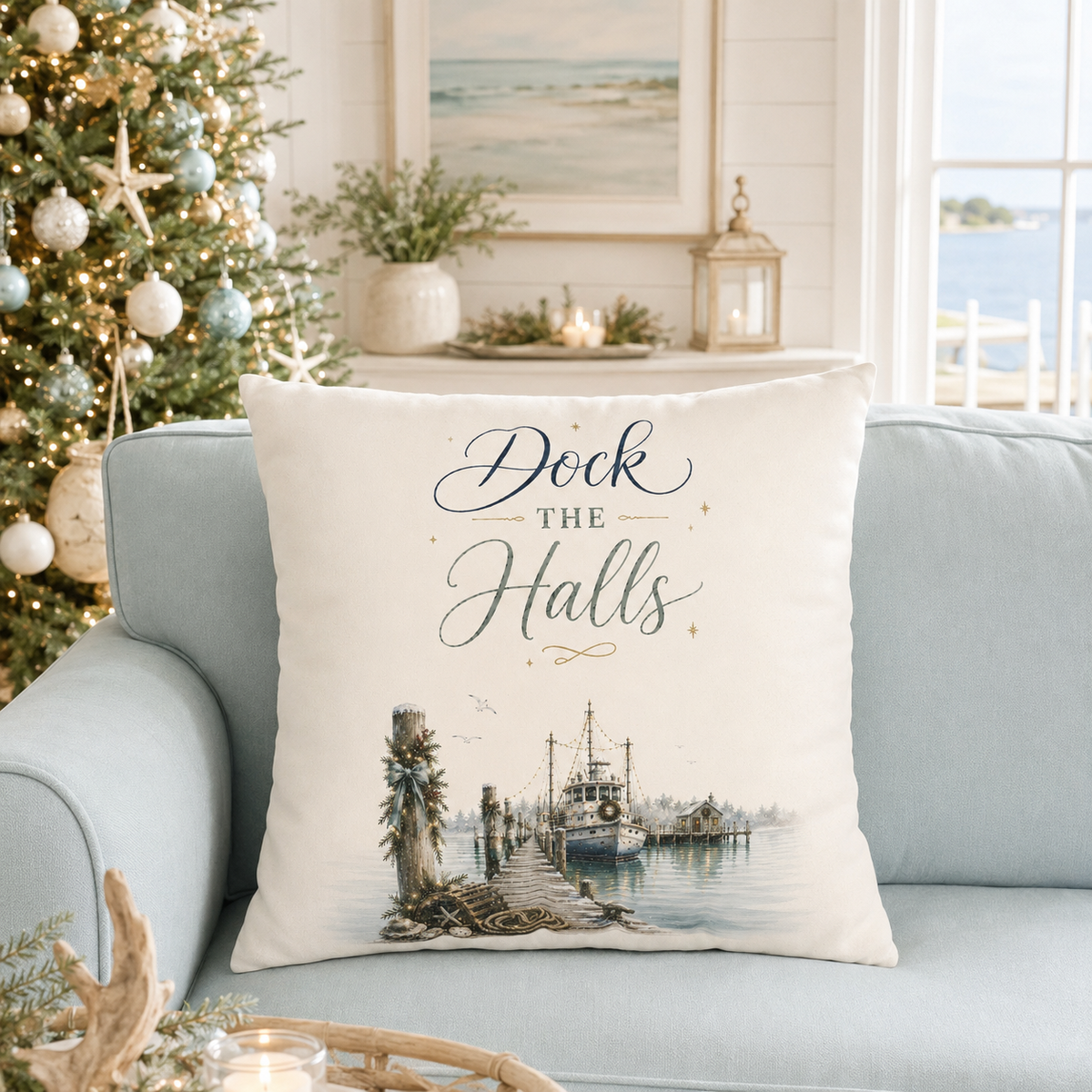Dock the Halls Christmas Pillow Cover, Coastal Nautical Holiday Decor, shown as a decorative holiday faux-suede pillow cover for
Christmas living room, bedroom, sofa or chair styling.