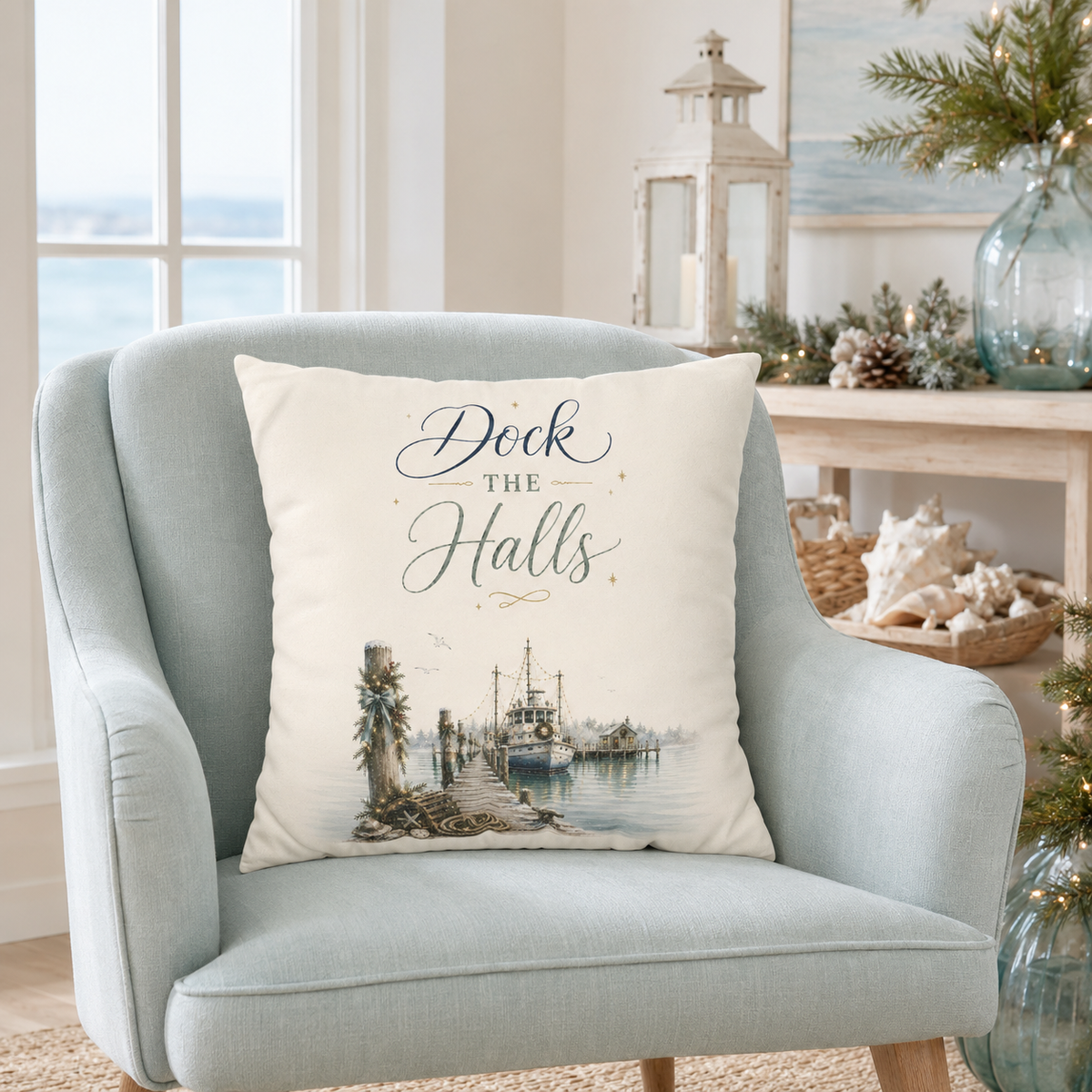Dock the Halls Christmas Pillow Cover, Coastal Nautical Holiday Decor, shown as a decorative holiday faux-suede pillow cover for
Christmas living room, bedroom, sofa or chair styling.