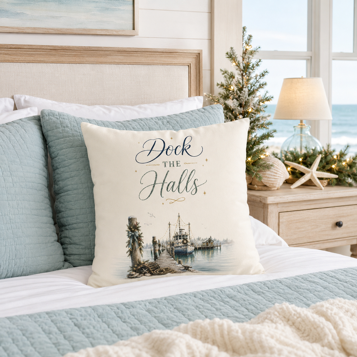 Dock the Halls Christmas Pillow Cover, Coastal Nautical Holiday Decor, shown as a decorative holiday faux-suede pillow cover for
Christmas living room, bedroom, sofa or chair styling.