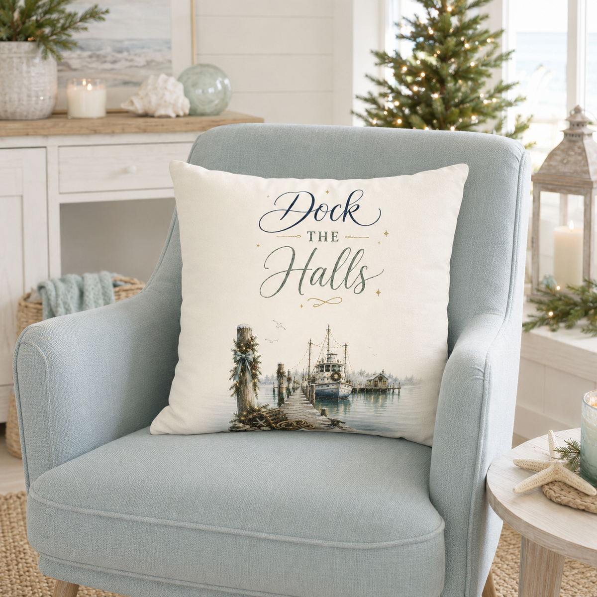 Dock the Halls Christmas Pillow Cover, Coastal Nautical Holiday Decor, shown as a decorative holiday faux-suede pillow cover for
Christmas living room, bedroom, sofa or chair styling.