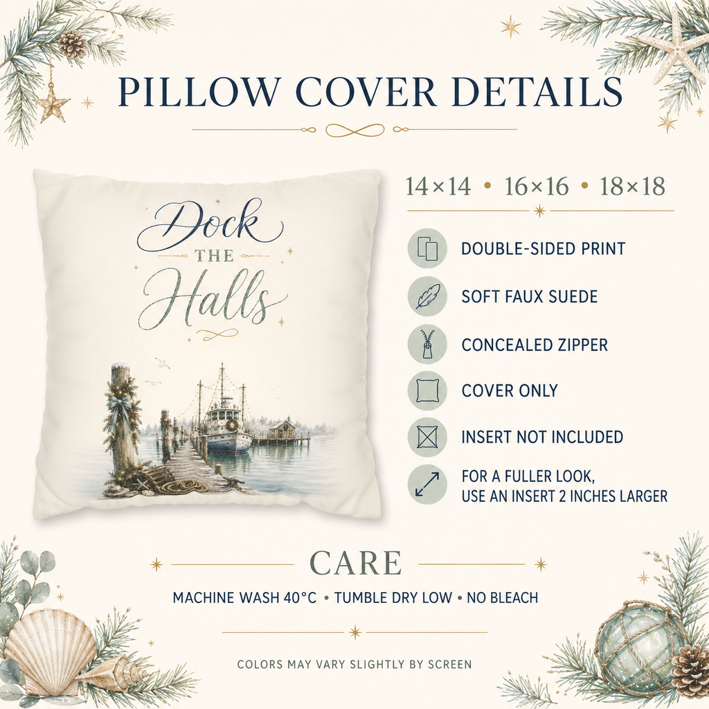 Dock the Halls Christmas Pillow Cover, Coastal Nautical Holiday Decor, shown as a decorative holiday faux-suede pillow cover for
Christmas living room, bedroom, sofa or chair styling.