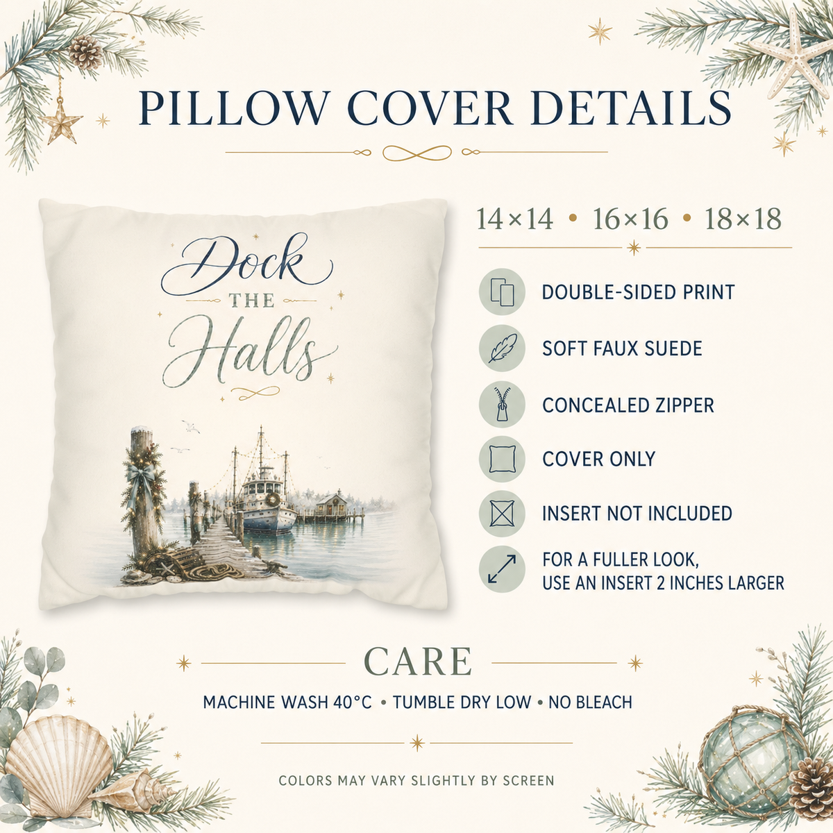 Dock the Halls Christmas Pillow Cover, Coastal Nautical Holiday Decor, shown as a decorative holiday faux-suede pillow cover for
Christmas living room, bedroom, sofa or chair styling.