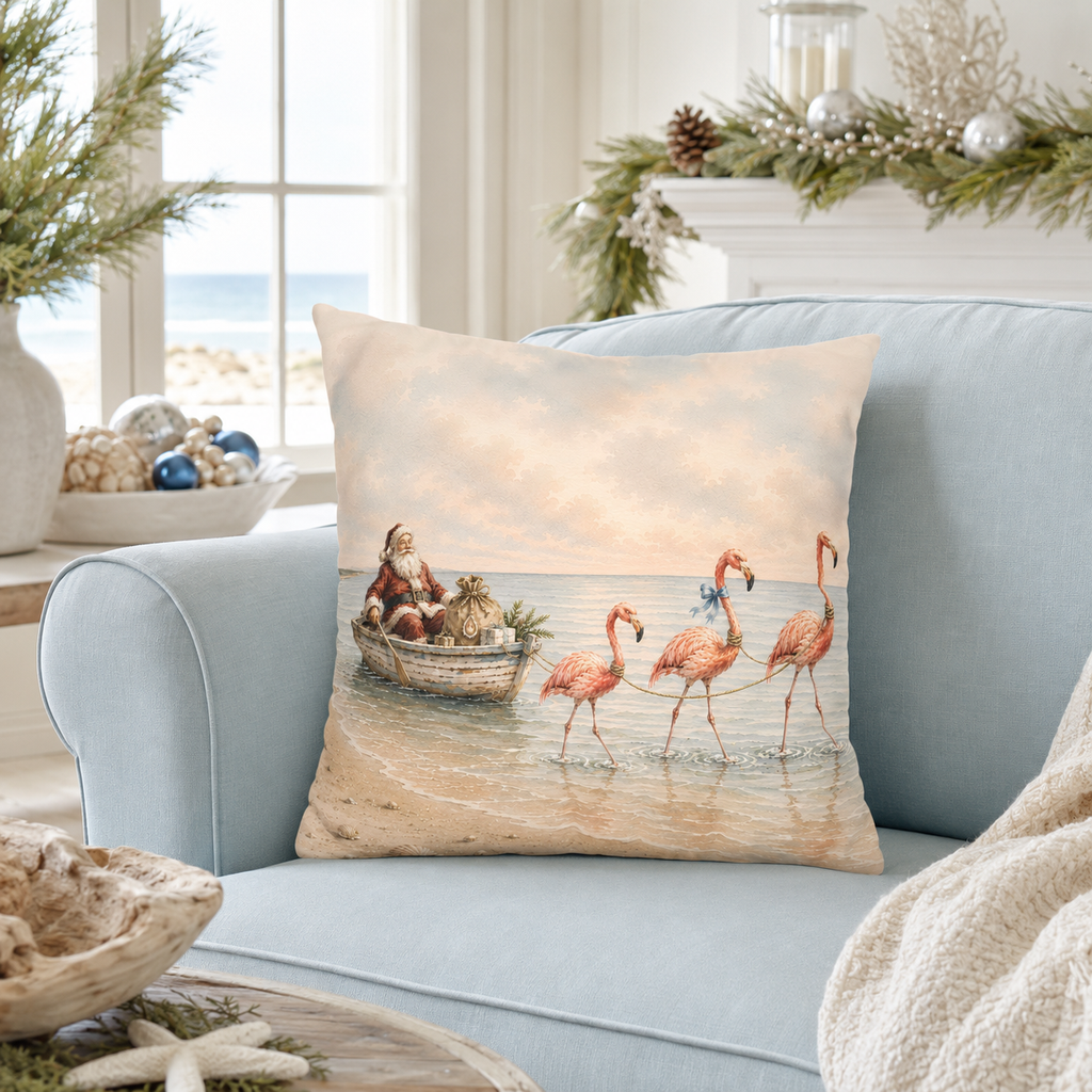 Santa Flamingo Christmas Pillow Cover, Coastal Beach House Holiday Decor, shown as a decorative holiday faux-suede pillow
cover for Christmas living room, bedroom, sofa or chair styling.
