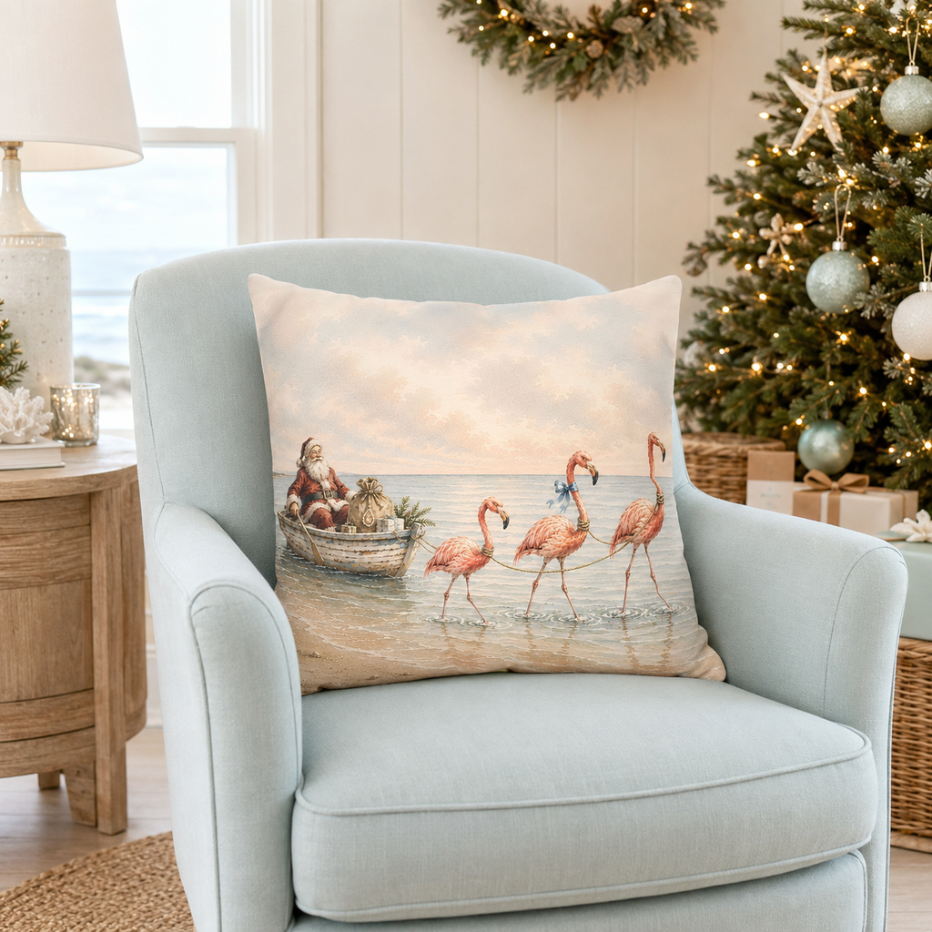 Santa Flamingo Christmas Pillow Cover, Coastal Beach House Holiday Decor, shown as a decorative holiday faux-suede pillow
cover for Christmas living room, bedroom, sofa or chair styling.
