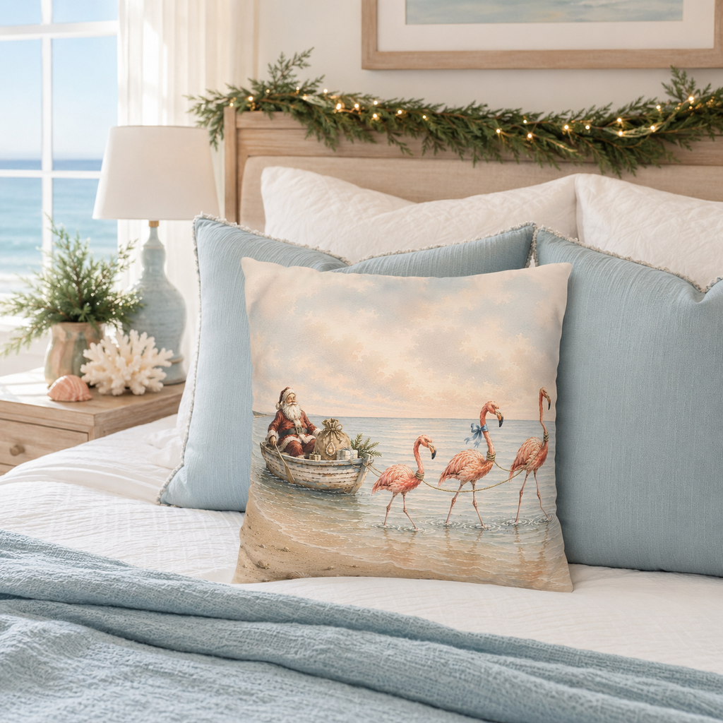 Santa Flamingo Christmas Pillow Cover, Coastal Beach House Holiday Decor, shown as a decorative holiday faux-suede pillow
cover for Christmas living room, bedroom, sofa or chair styling.
