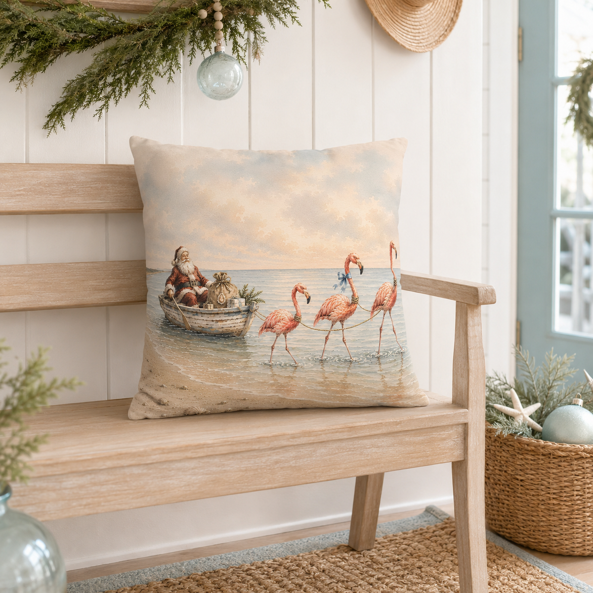 Santa Flamingo Christmas Pillow Cover, Coastal Beach House Holiday Decor, shown as a decorative holiday faux-suede pillow
cover for Christmas living room, bedroom, sofa or chair styling.
