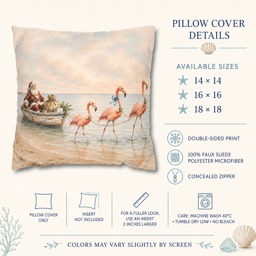 Santa Flamingo Christmas Pillow Cover, Coastal Beach House Holiday Decor, shown as a decorative holiday faux-suede pillow
cover for Christmas living room, bedroom, sofa or chair styling.
