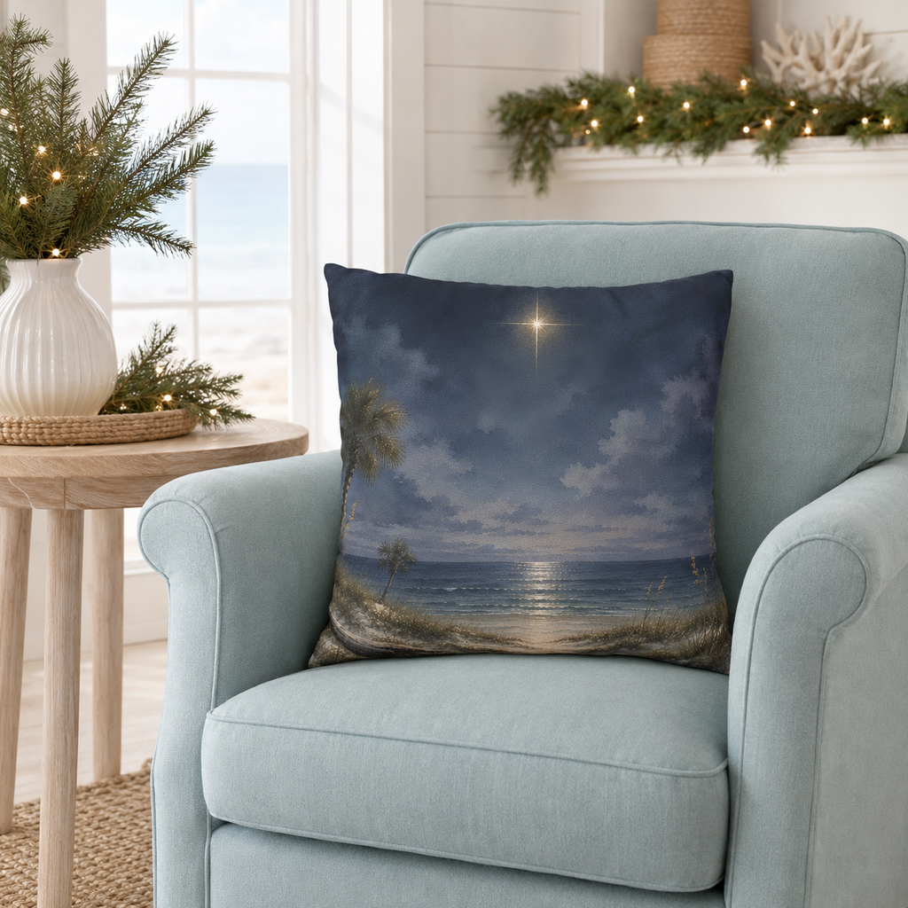 Star of Bethlehem Christmas Pillow Cover, Coastal Night Sky Decor, shown as a decorative holiday faux-suede pillow cover for
Christmas living room, bedroom, sofa or chair styling.