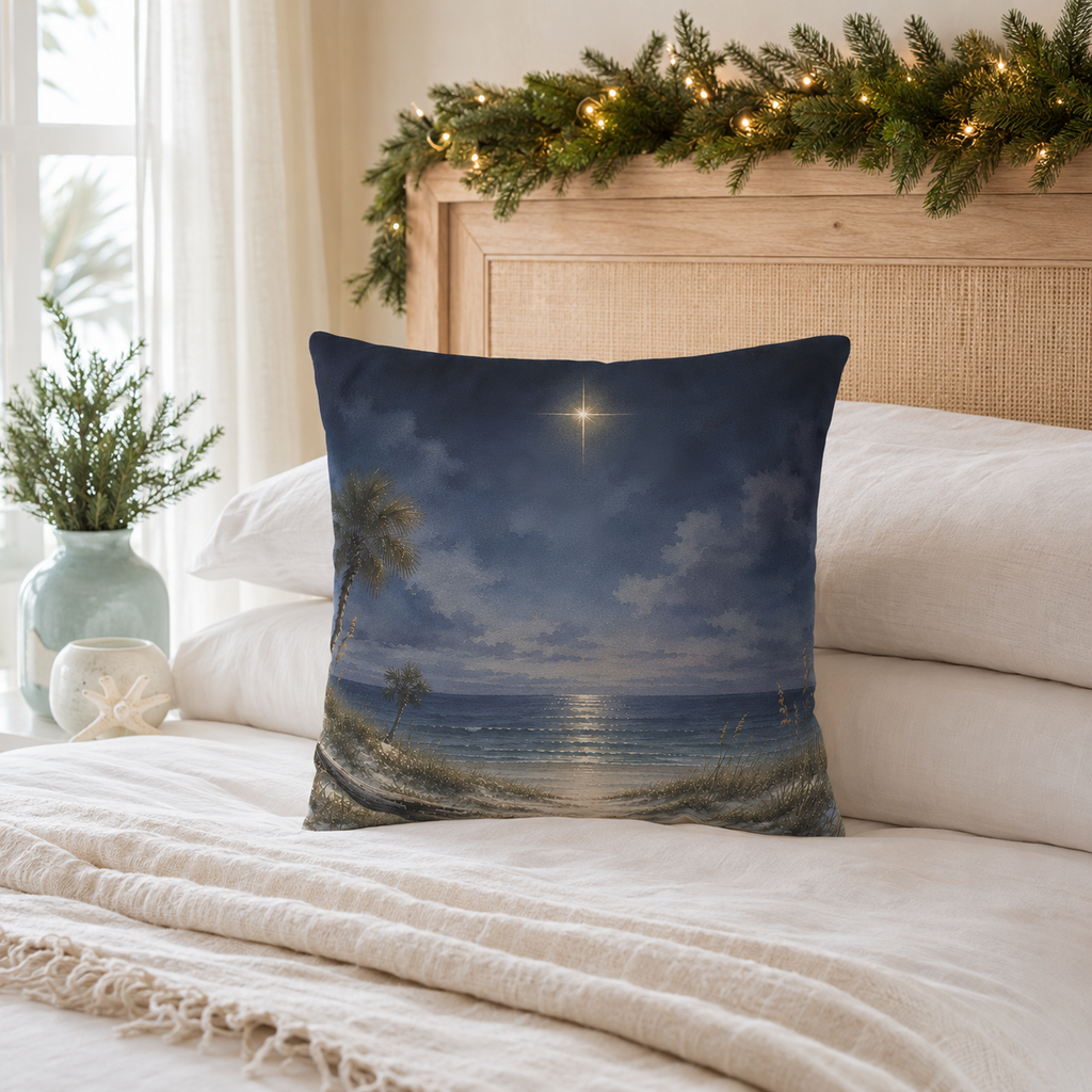 Star of Bethlehem Christmas Pillow Cover, Coastal Night Sky Decor, shown as a decorative holiday faux-suede pillow cover for
Christmas living room, bedroom, sofa or chair styling.