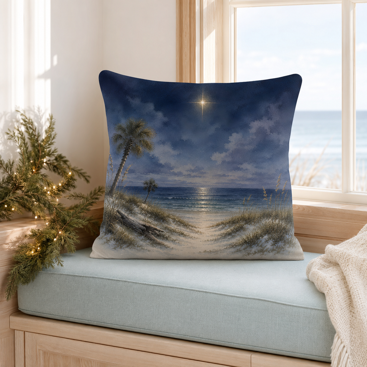 Star of Bethlehem Christmas Pillow Cover, Coastal Night Sky Decor, shown as a decorative holiday faux-suede pillow cover for
Christmas living room, bedroom, sofa or chair styling.