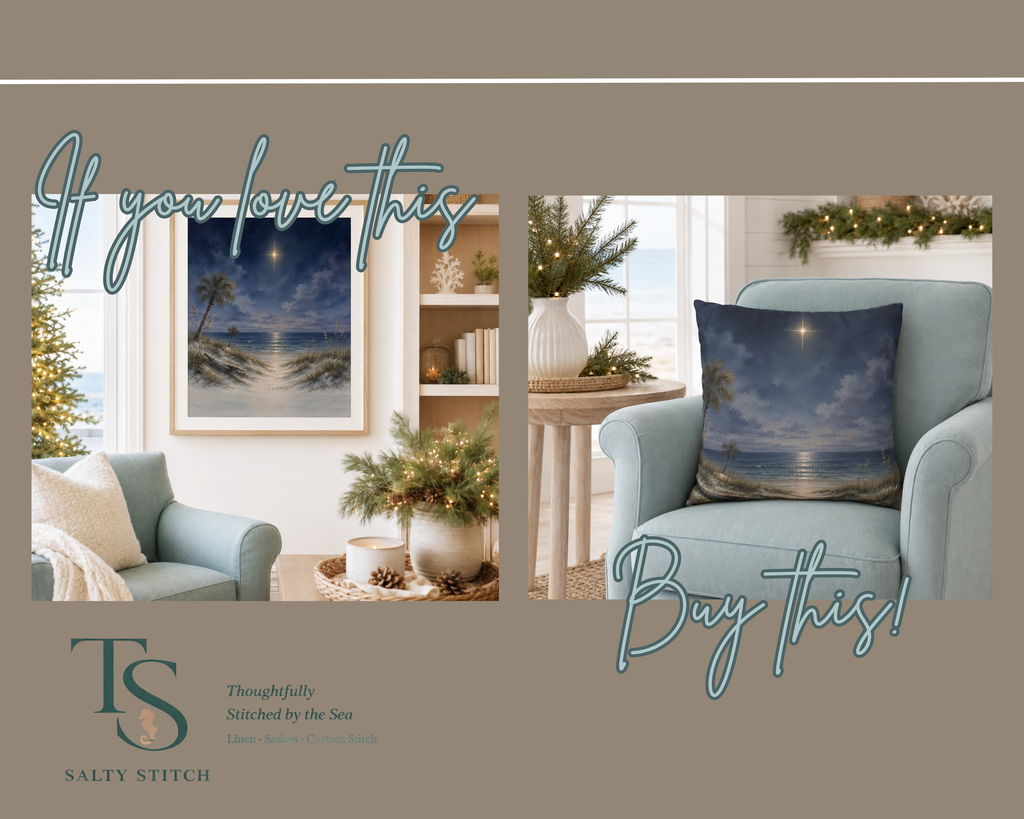 Star of Bethlehem Christmas Pillow Cover, Coastal Night Sky Decor, shown as a decorative holiday faux-suede pillow cover for
Christmas living room, bedroom, sofa or chair styling.