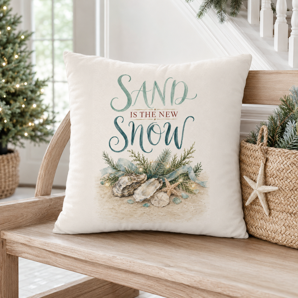 Sand Is the New Snow Christmas Pillow Cover, Coastal Beach Holiday Decor, shown as a decorative holiday faux-suede pillow
cover for Christmas living room, bedroom, sofa or chair styling.