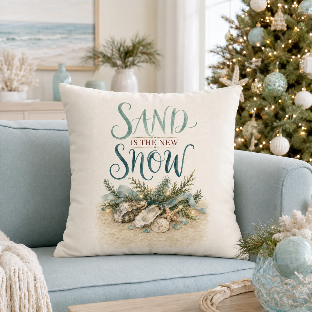 Sand Is the New Snow Christmas Pillow Cover, Coastal Beach Holiday Decor, shown as a decorative holiday faux-suede pillow
cover for Christmas living room, bedroom, sofa or chair styling.
