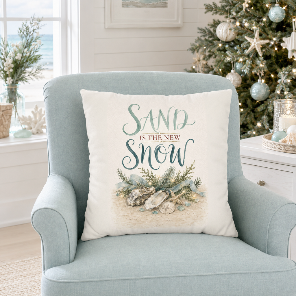 Sand Is the New Snow Christmas Pillow Cover, Coastal Beach Holiday Decor, shown as a decorative holiday faux-suede pillow
cover for Christmas living room, bedroom, sofa or chair styling.