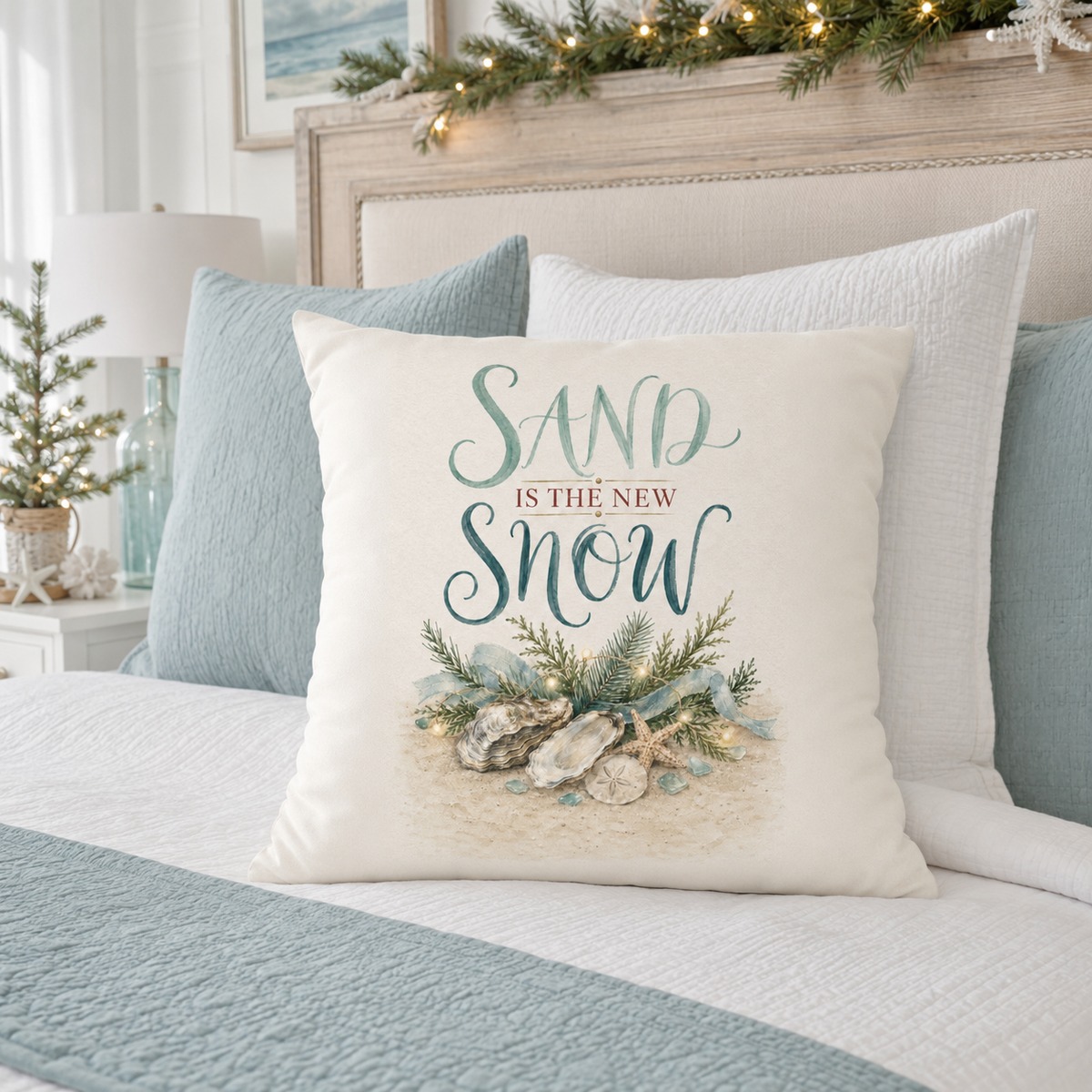 Sand Is the New Snow Christmas Pillow Cover, Coastal Beach Holiday Decor, shown as a decorative holiday faux-suede pillow
cover for Christmas living room, bedroom, sofa or chair styling.