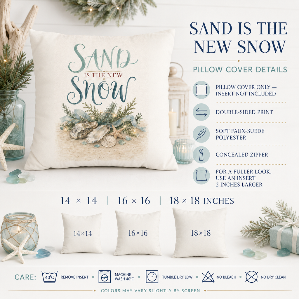 Sand Is the New Snow Christmas Pillow Cover, Coastal Beach Holiday Decor, shown as a decorative holiday faux-suede pillow
cover for Christmas living room, bedroom, sofa or chair styling.