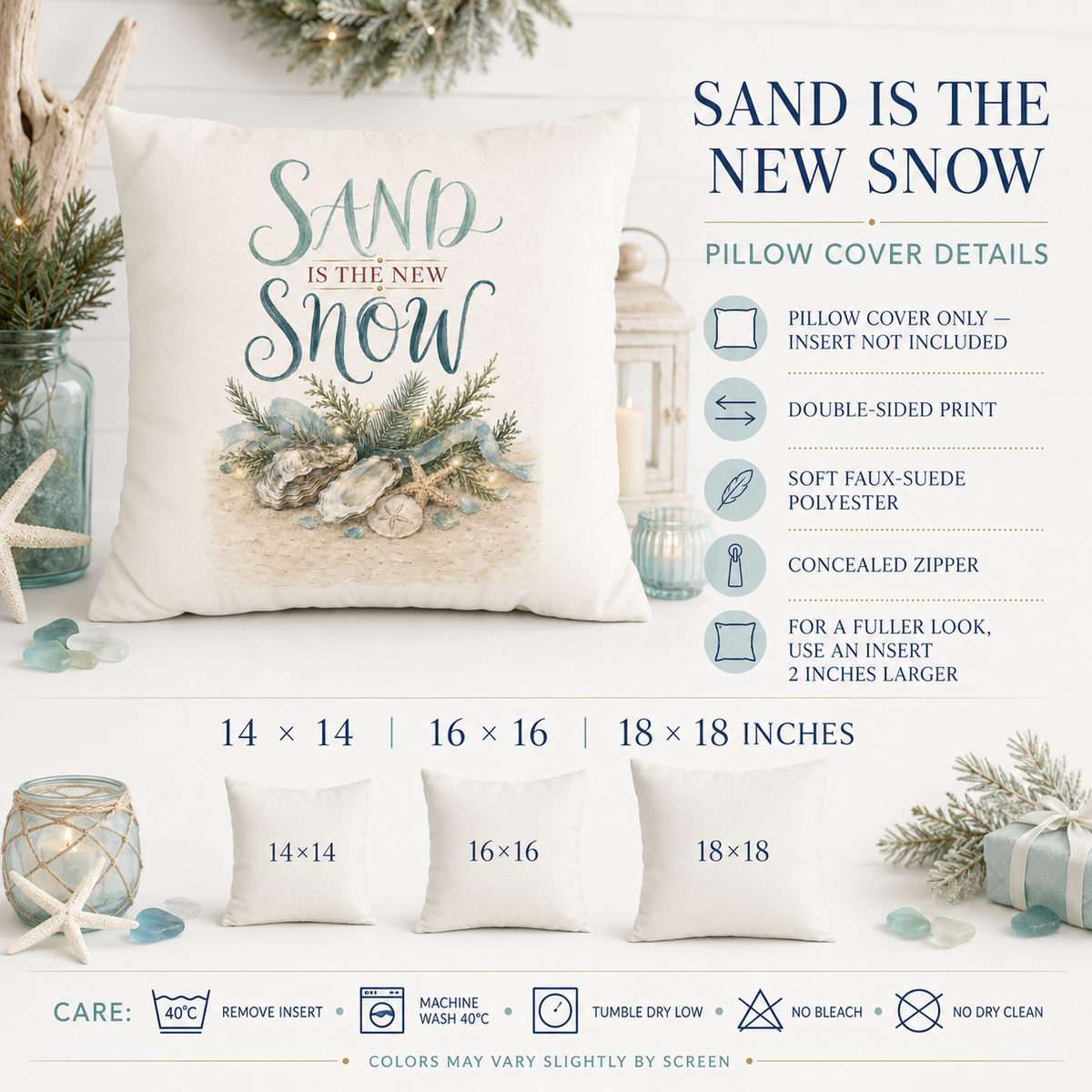 Sand Is the New Snow Christmas Pillow Cover, Coastal Beach Holiday Decor, shown as a decorative holiday faux-suede pillow
cover for Christmas living room, bedroom, sofa or chair styling.