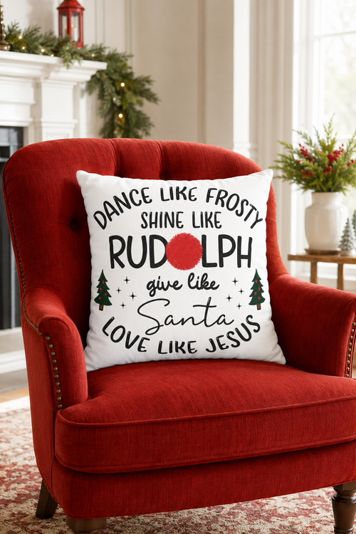 Dance Like Frosty Shine Like Rudolph Christmas Pillow Cover, shown as a decorative holiday faux-suede pillow cover for
Christmas living room, bedroom, sofa or chair styling.
