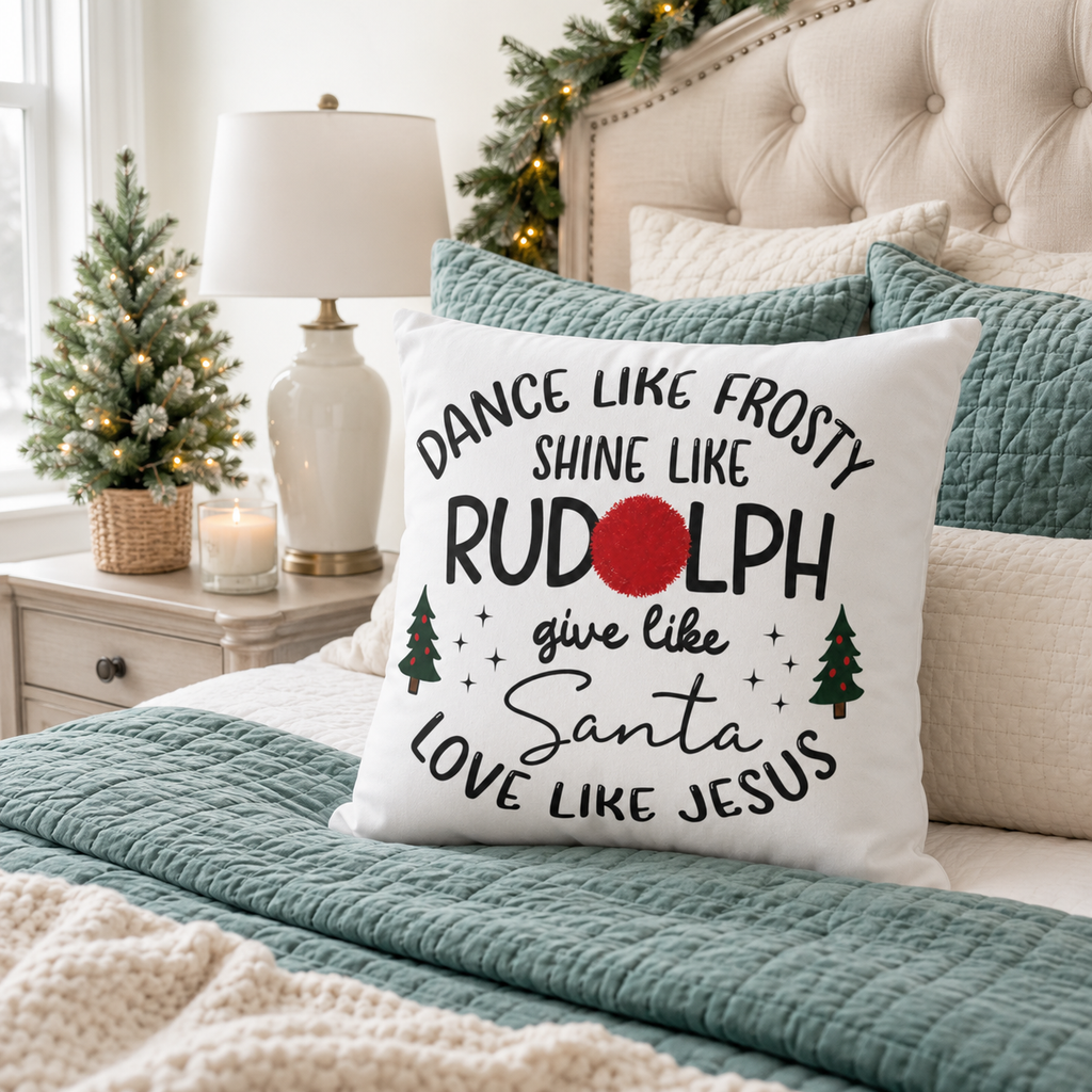 Dance Like Frosty Shine Like Rudolph Christmas Pillow Cover, shown as a decorative holiday faux-suede pillow cover for
Christmas living room, bedroom, sofa or chair styling.

