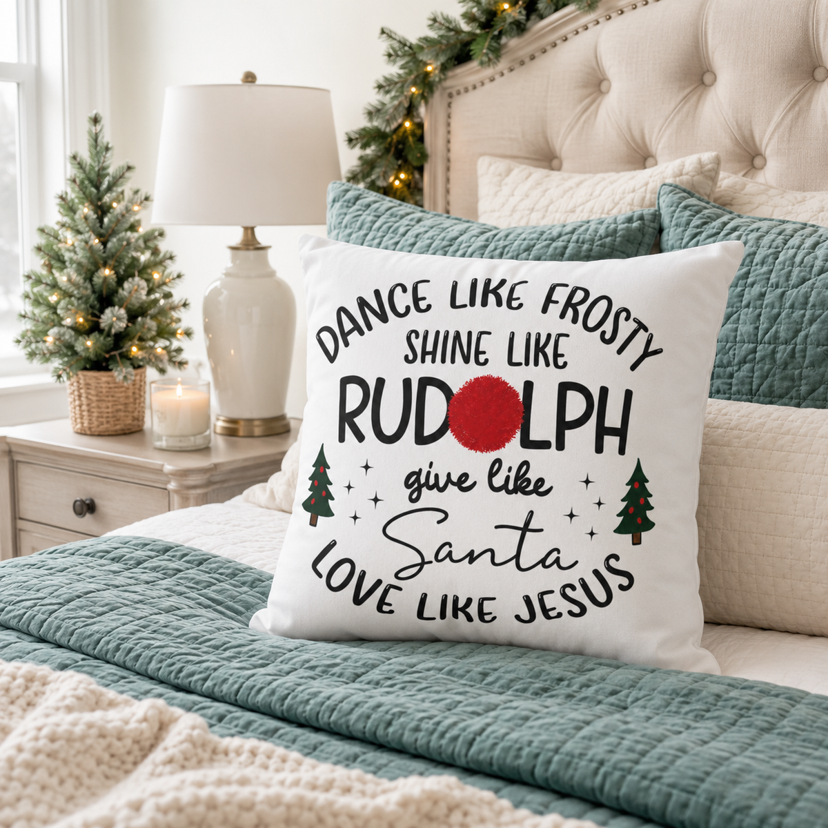 Dance Like Frosty Shine Like Rudolph Christmas Pillow Cover, shown as a decorative holiday faux-suede pillow cover for
Christmas living room, bedroom, sofa or chair styling.
