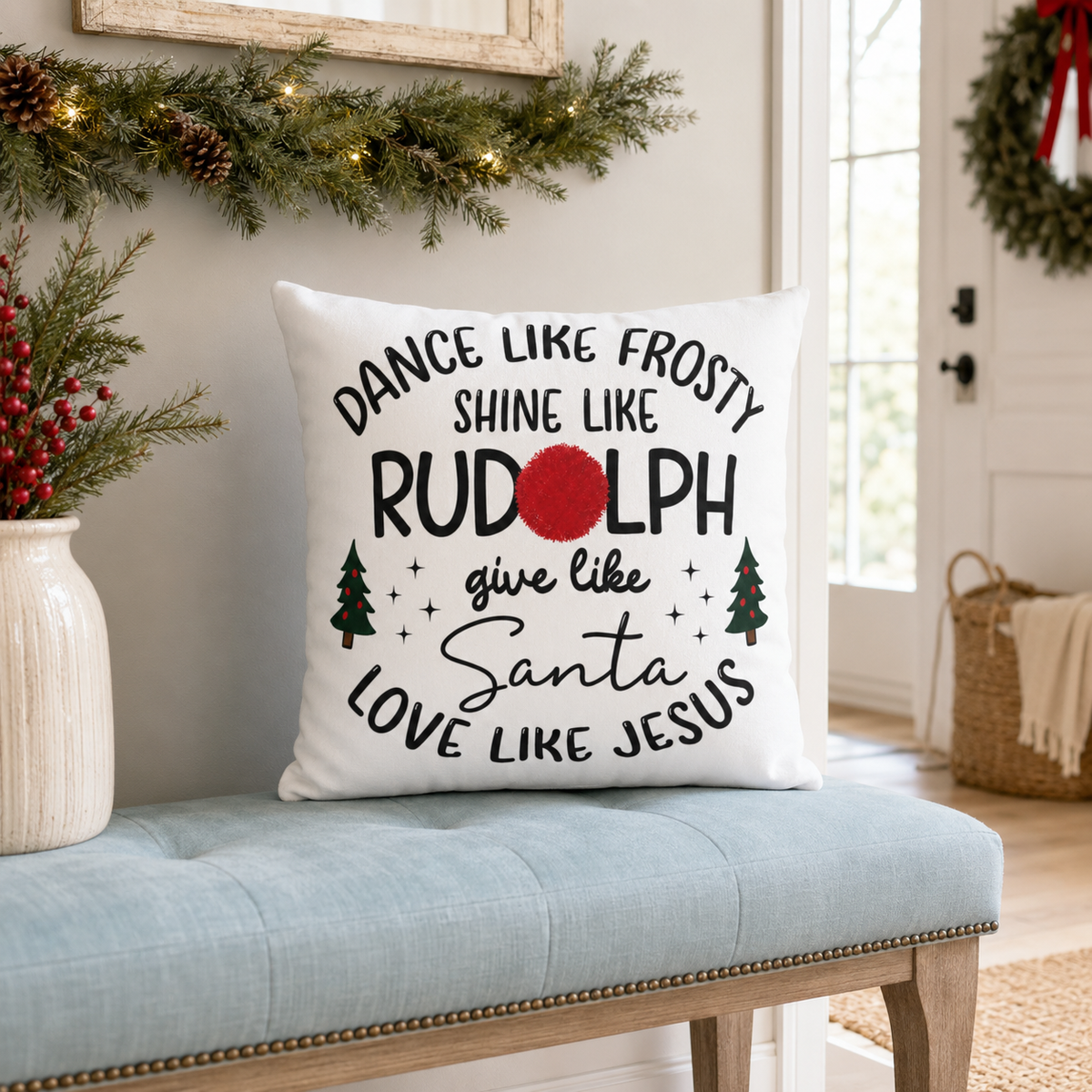 Dance Like Frosty Shine Like Rudolph Christmas Pillow Cover, shown as a decorative holiday faux-suede pillow cover for
Christmas living room, bedroom, sofa or chair styling.
