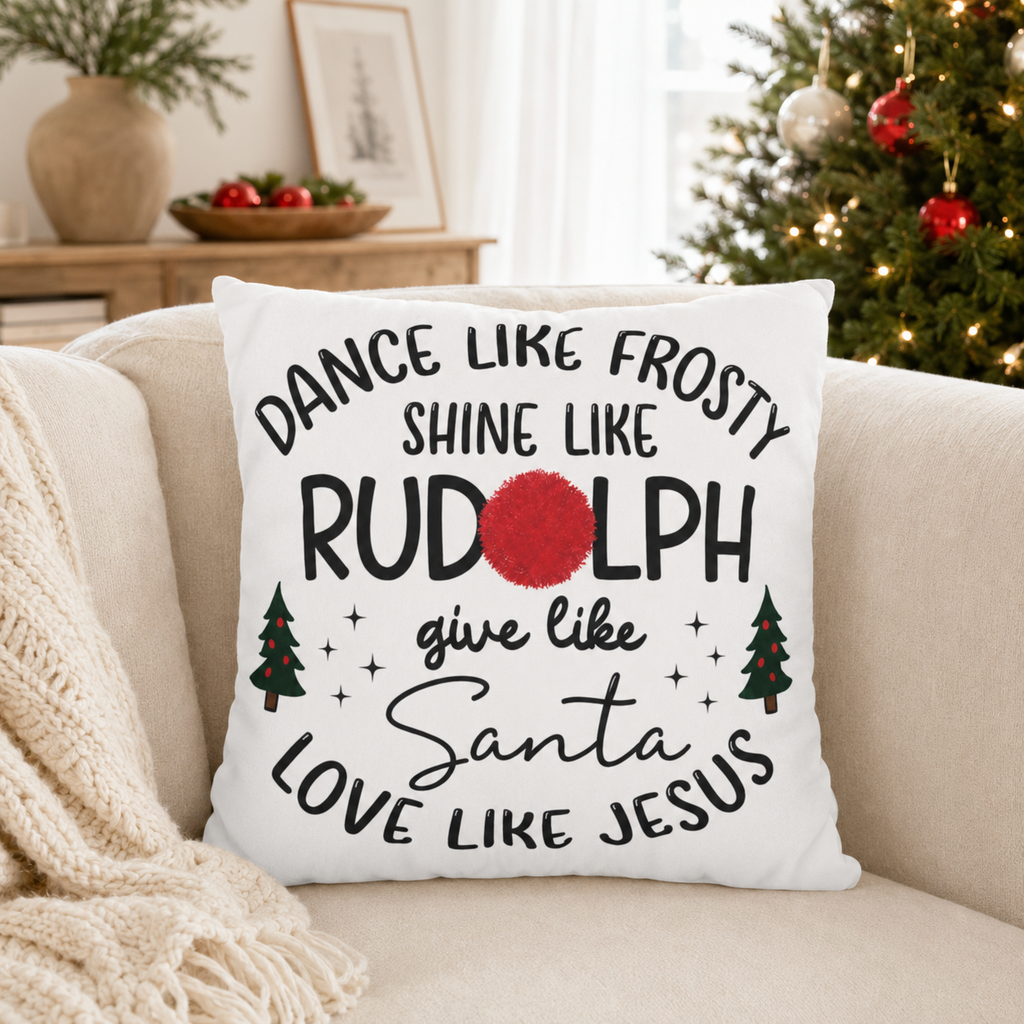 Dance Like Frosty Shine Like Rudolph Christmas Pillow Cover, shown as a decorative holiday faux-suede pillow cover for
Christmas living room, bedroom, sofa or chair styling.
