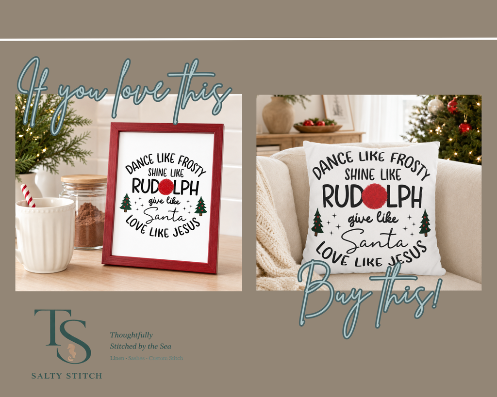 Dance Like Frosty Shine Like Rudolph Christmas Pillow Cover, shown as a decorative holiday faux-suede pillow cover for
Christmas living room, bedroom, sofa or chair styling.
