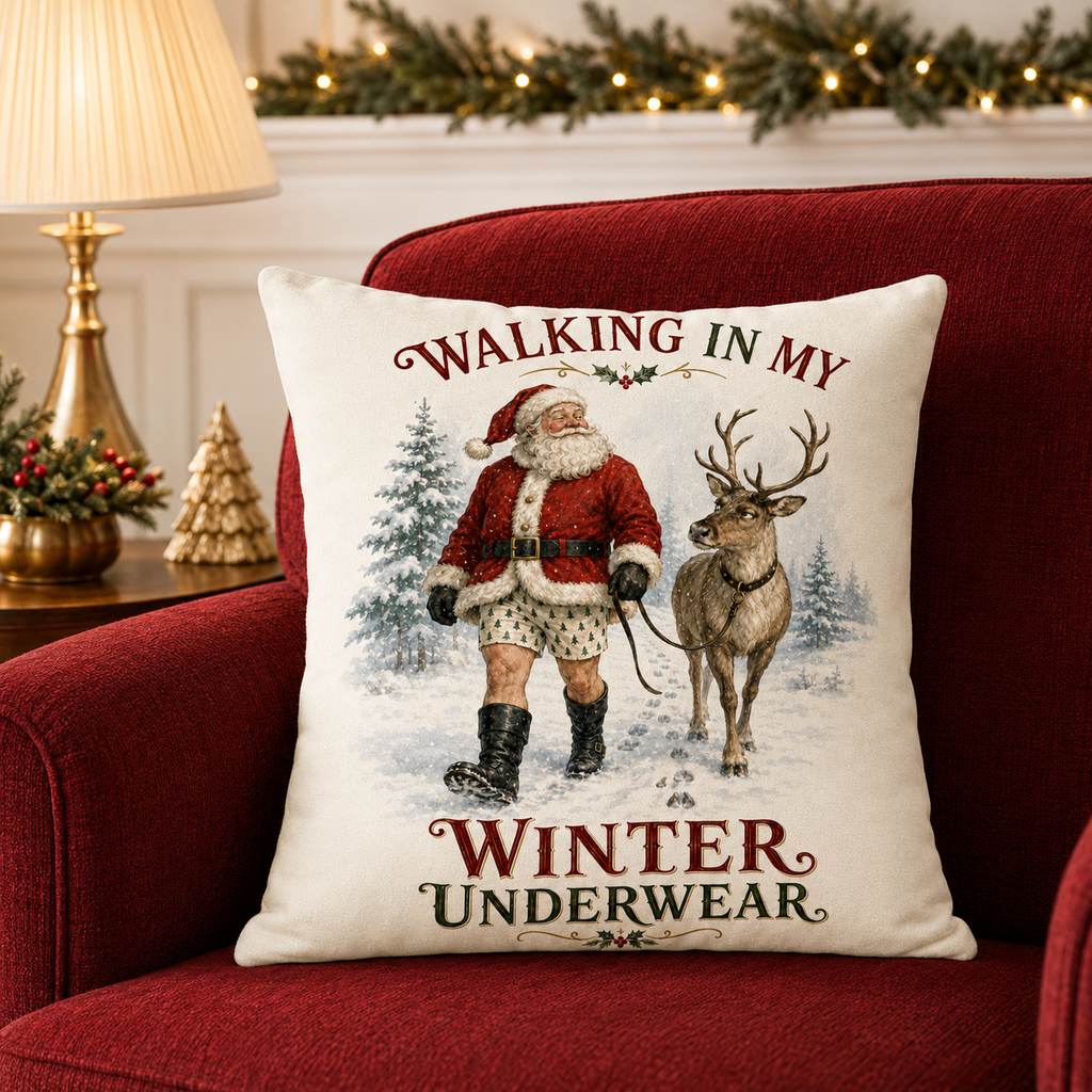 Walking in My Winter Underwear Santa Christmas Pillow Cover, shown as a decorative holiday faux-suede pillow cover for
Christmas living room, bedroom, sofa or chair styling.