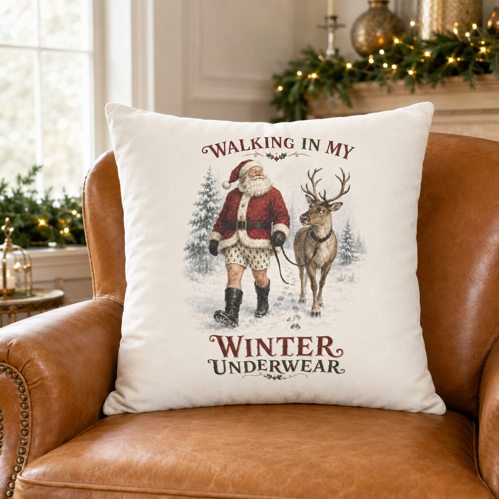 Walking in My Winter Underwear Santa Christmas Pillow Cover, shown as a decorative holiday faux-suede pillow cover for
Christmas living room, bedroom, sofa or chair styling.