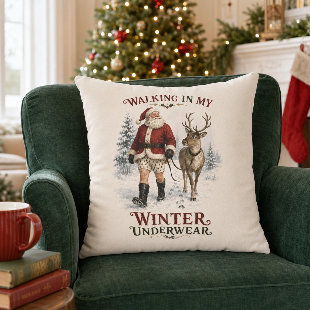 Walking in My Winter Underwear Santa Christmas Pillow Cover, shown as a decorative holiday faux-suede pillow cover for
Christmas living room, bedroom, sofa or chair styling.