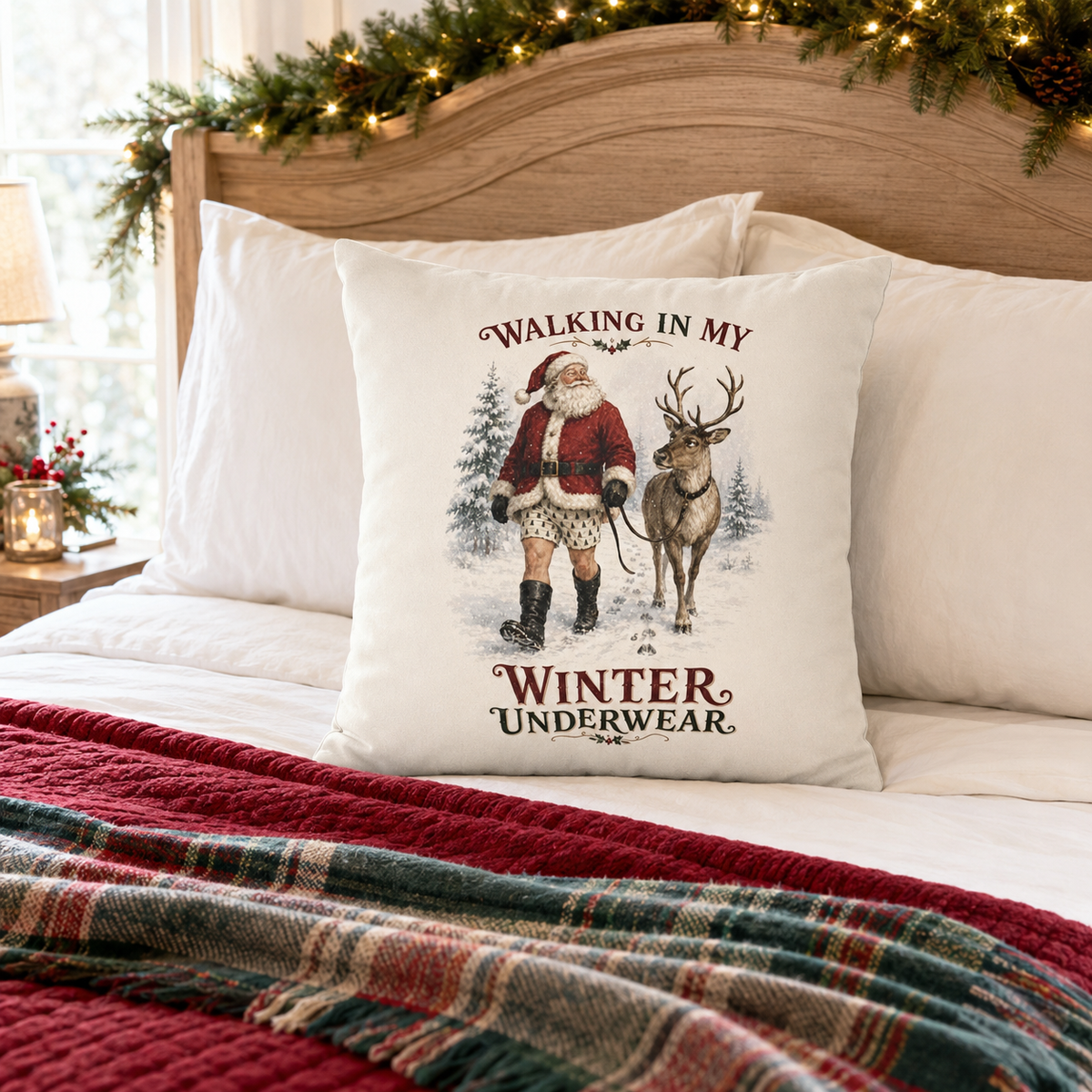 Walking in My Winter Underwear Santa Christmas Pillow Cover, shown as a decorative holiday faux-suede pillow cover for
Christmas living room, bedroom, sofa or chair styling.