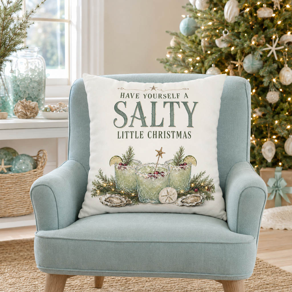 Have Yourself a Salty Little Christmas Pillow Cover, Coastal Holiday Decor, shown as a decorative holiday faux-suede pillow
cover for Christmas living room, bedroom, sofa or chair styling.