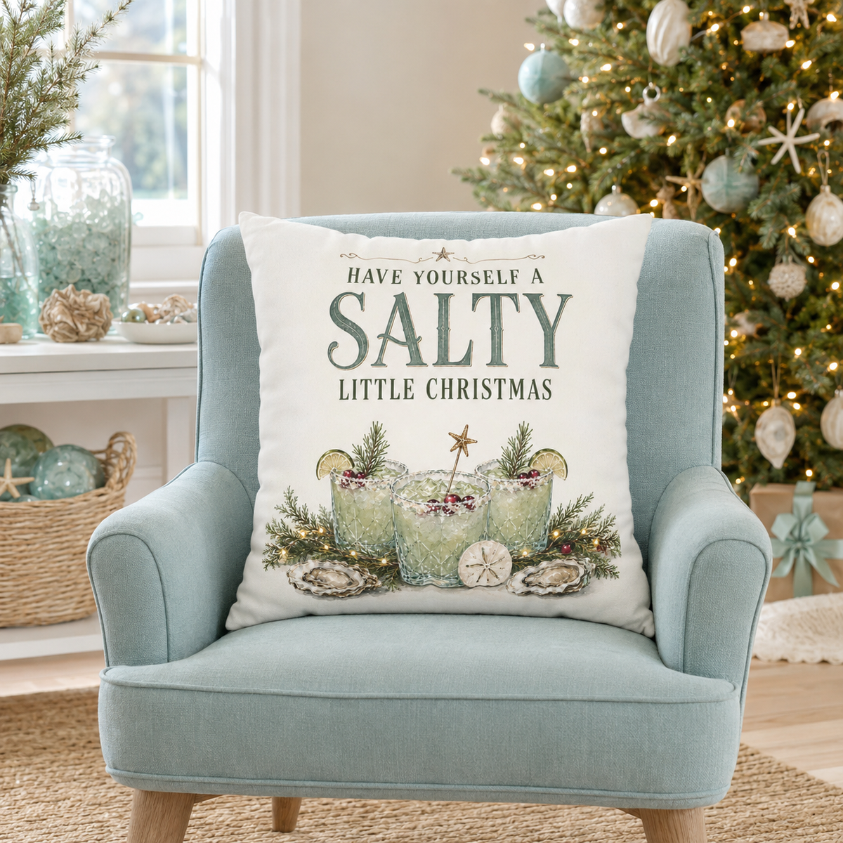 Have Yourself a Salty Little Christmas Pillow Cover, Coastal Holiday Decor, shown as a decorative holiday faux-suede pillow
cover for Christmas living room, bedroom, sofa or chair styling.