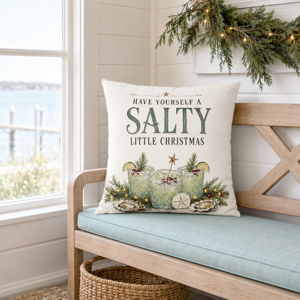 Have Yourself a Salty Little Christmas Pillow Cover, Coastal Holiday Decor, shown as a decorative holiday faux-suede pillow
cover for Christmas living room, bedroom, sofa or chair styling.