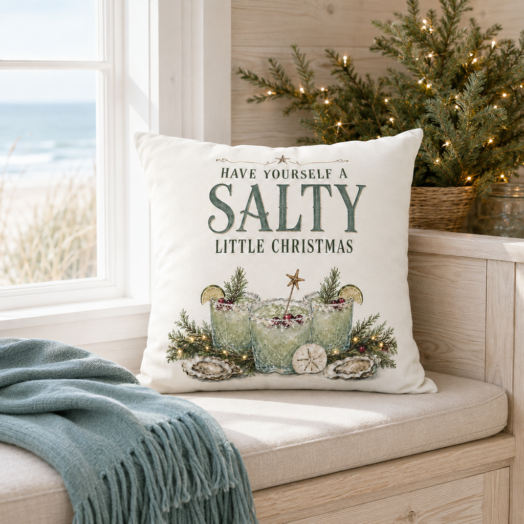 Have Yourself a Salty Little Christmas Pillow Cover, Coastal Holiday Decor, shown as a decorative holiday faux-suede pillow
cover for Christmas living room, bedroom, sofa or chair styling.