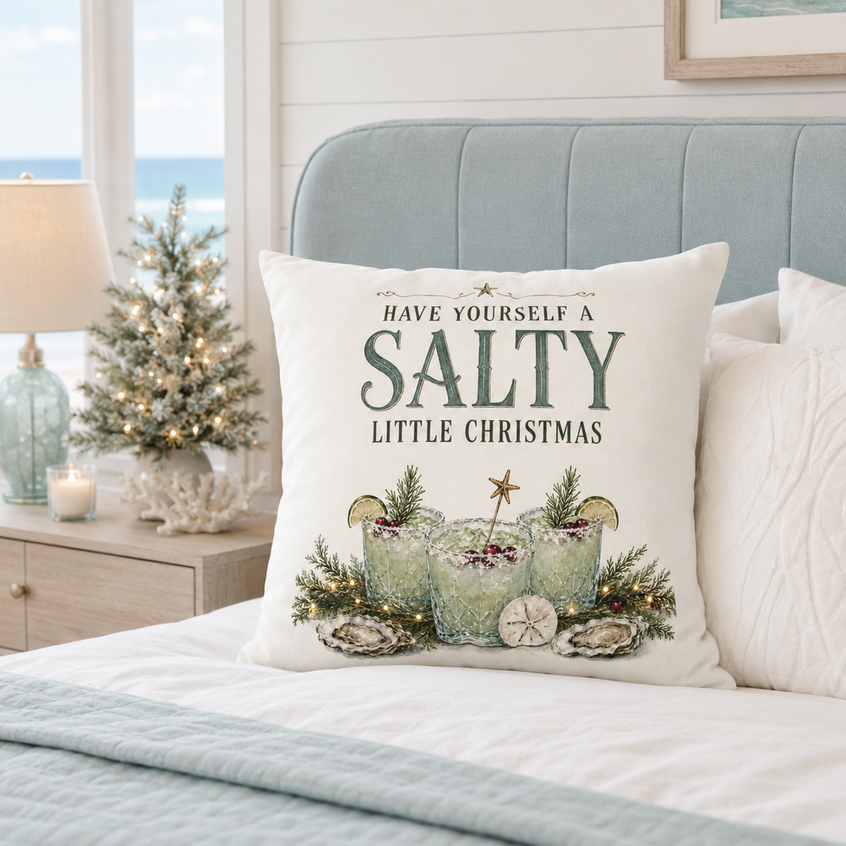 Have Yourself a Salty Little Christmas Pillow Cover, Coastal Holiday Decor, shown as a decorative holiday faux-suede pillow
cover for Christmas living room, bedroom, sofa or chair styling.