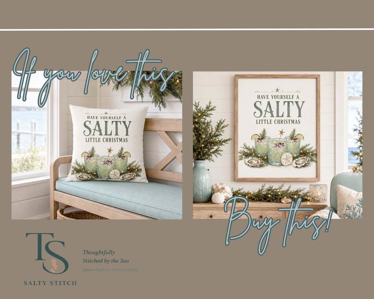 Have Yourself a Salty Little Christmas Pillow Cover, Coastal Holiday Decor, shown as a decorative holiday faux-suede pillow
cover for Christmas living room, bedroom, sofa or chair styling.