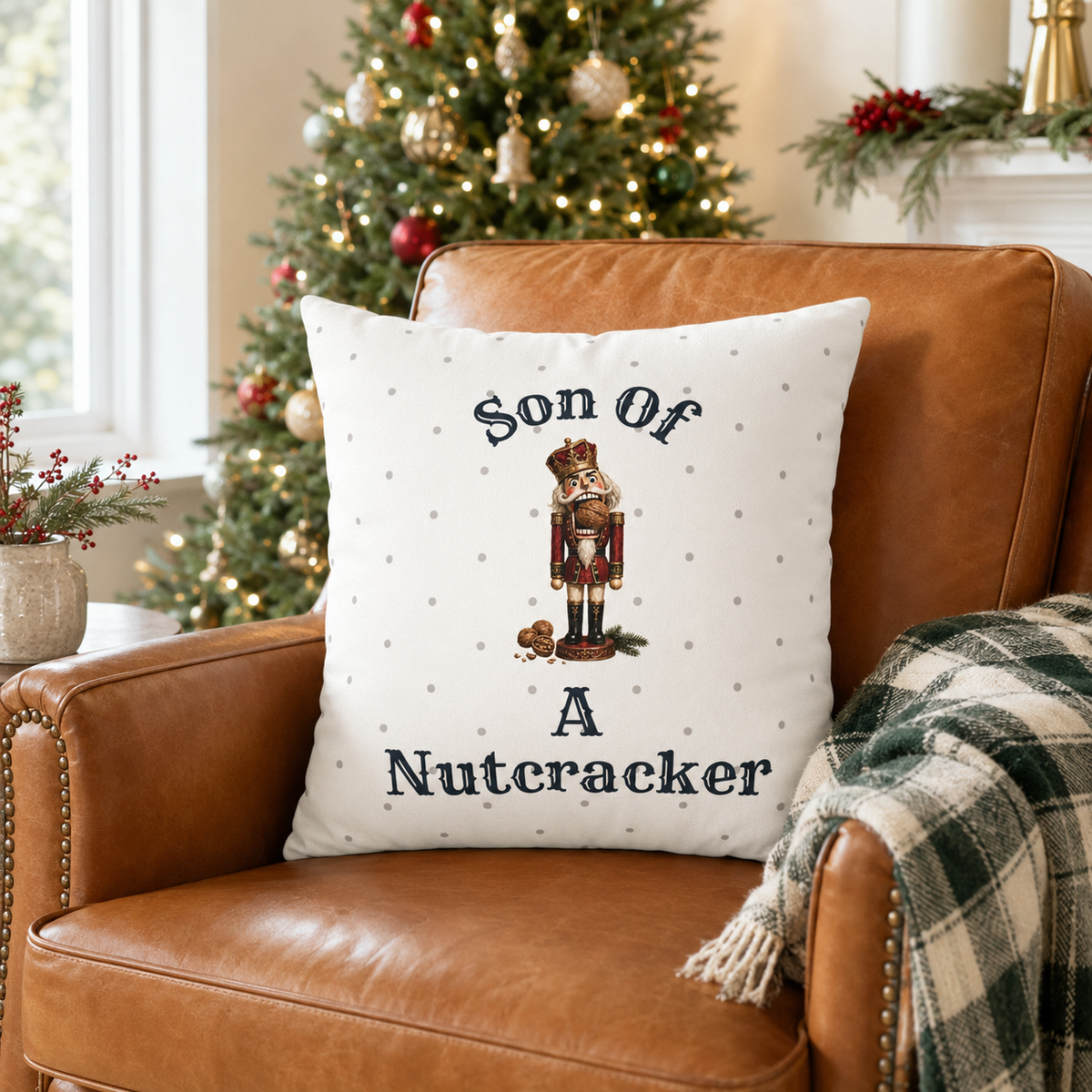 Funny Son of a Nutcracker Christmas pillow cover featuring a classic red and gold nutcracker soldier on ivory. Festive holiday decor and gift idea.