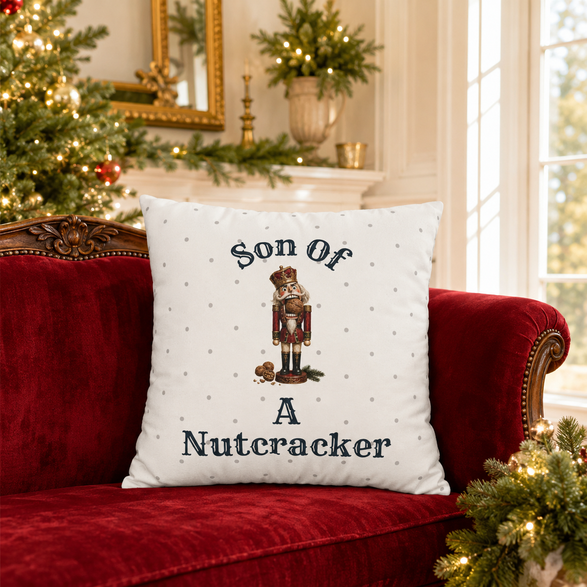 Funny Son of a Nutcracker Christmas pillow cover featuring a classic red and gold nutcracker soldier on ivory. Festive holiday decor and gift idea.
